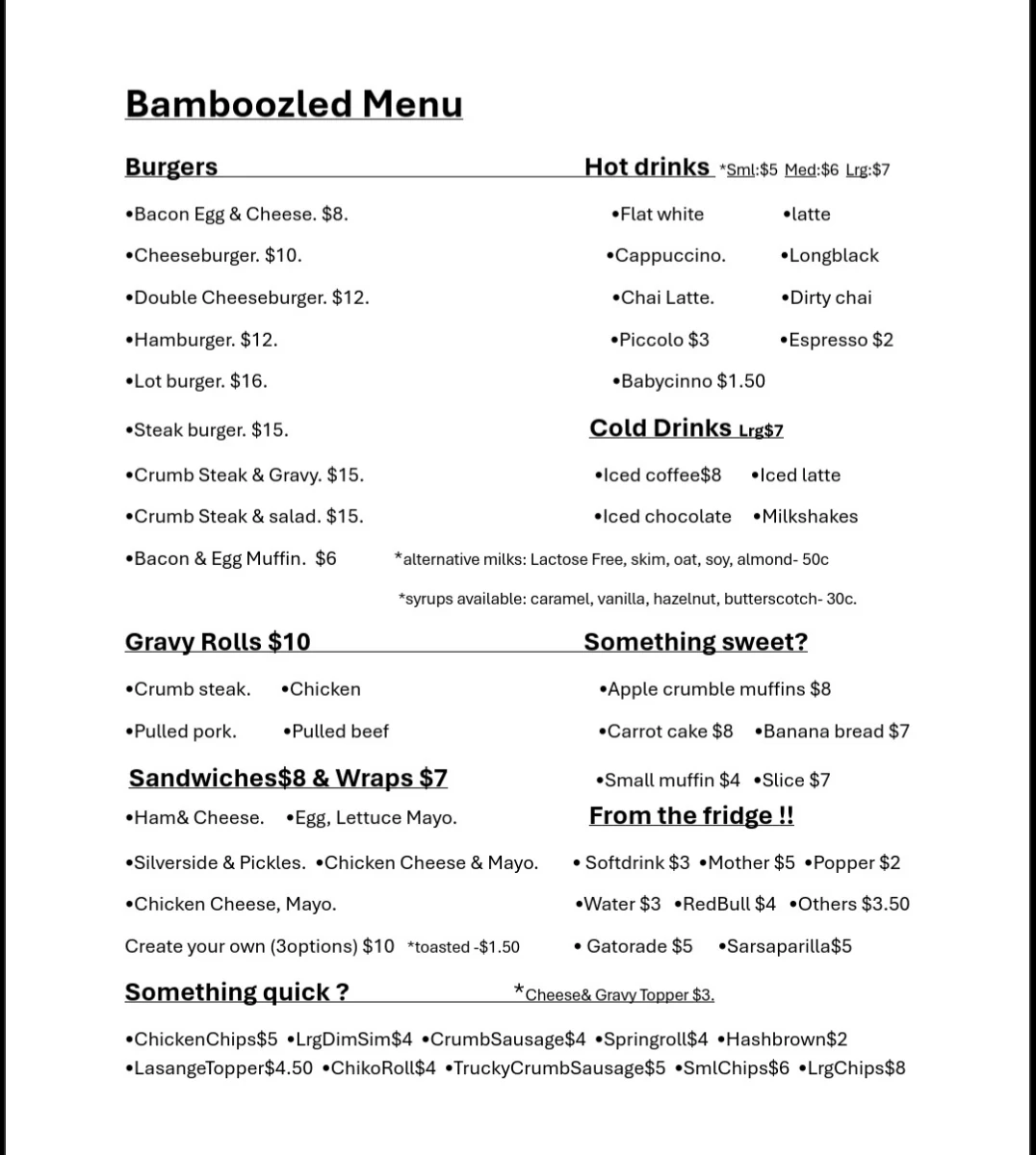 Menu, Bamboozled Cafe