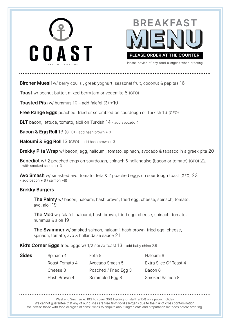 Menu, Coast Palm Beach