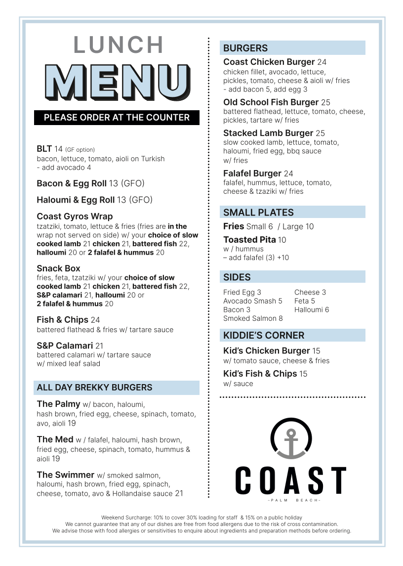 Menu, Coast Palm Beach