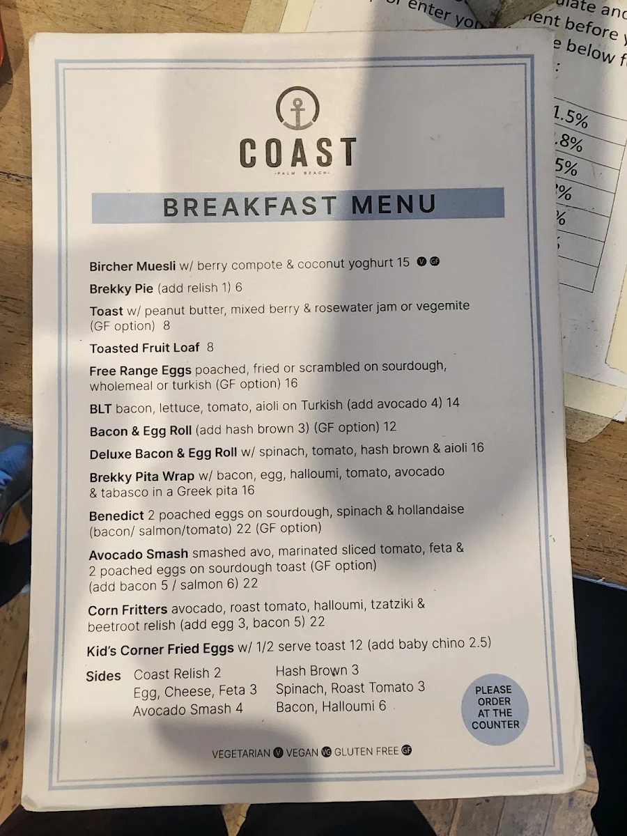 Menu, Coast Palm Beach