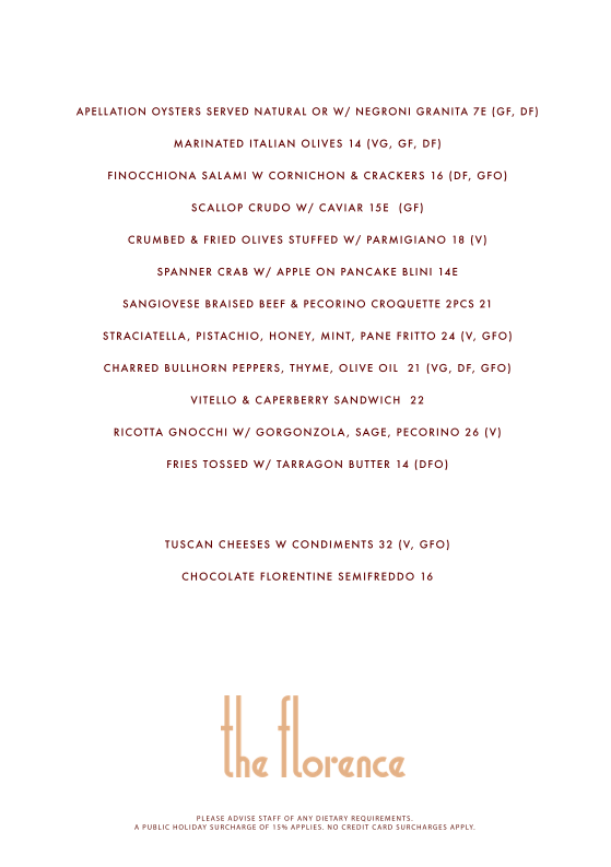 Menu, The Florence