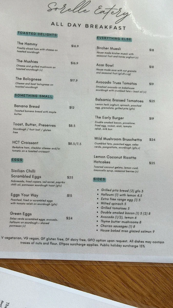 Menu, Sorelle Eatery