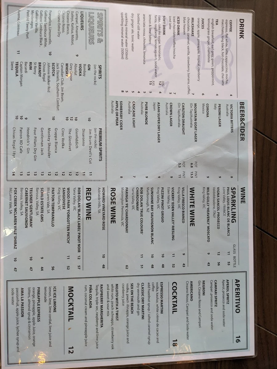 Menu, Cucina Plenty Valley