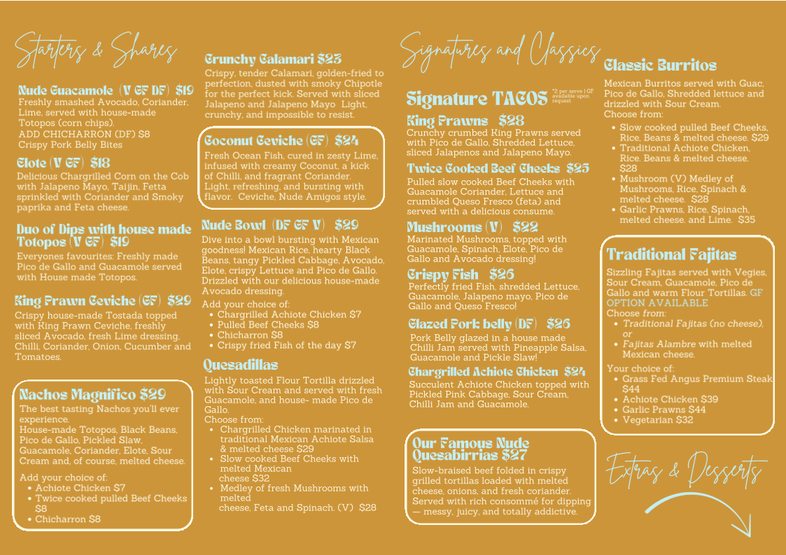 Menu, NUDE AMIGOS BROADBEACH