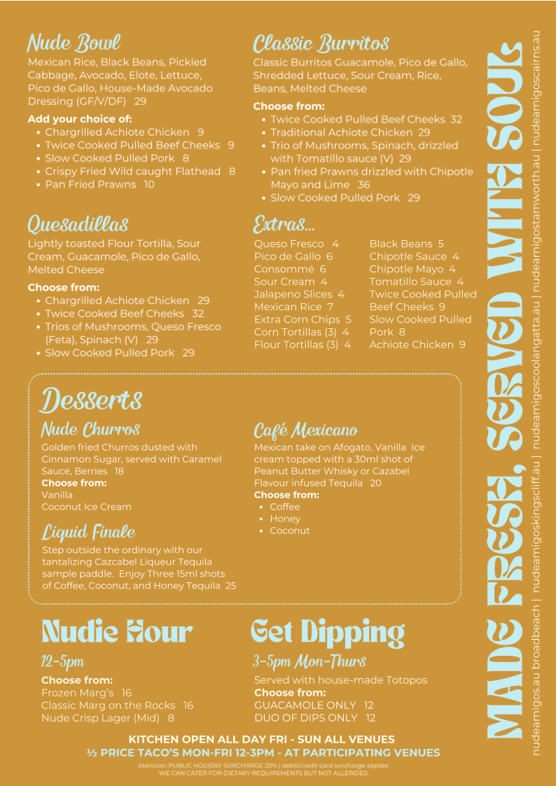 Menu, NUDE AMIGOS BROADBEACH