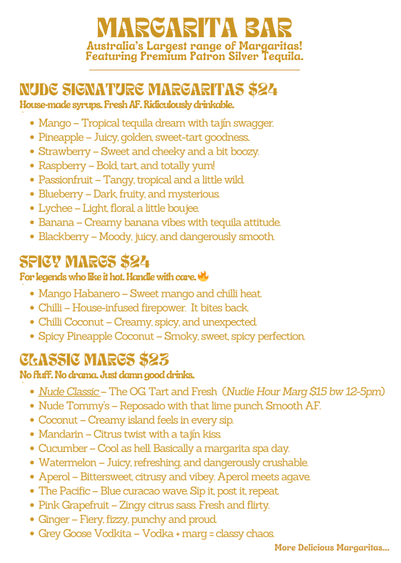 Menu, NUDE AMIGOS BROADBEACH
