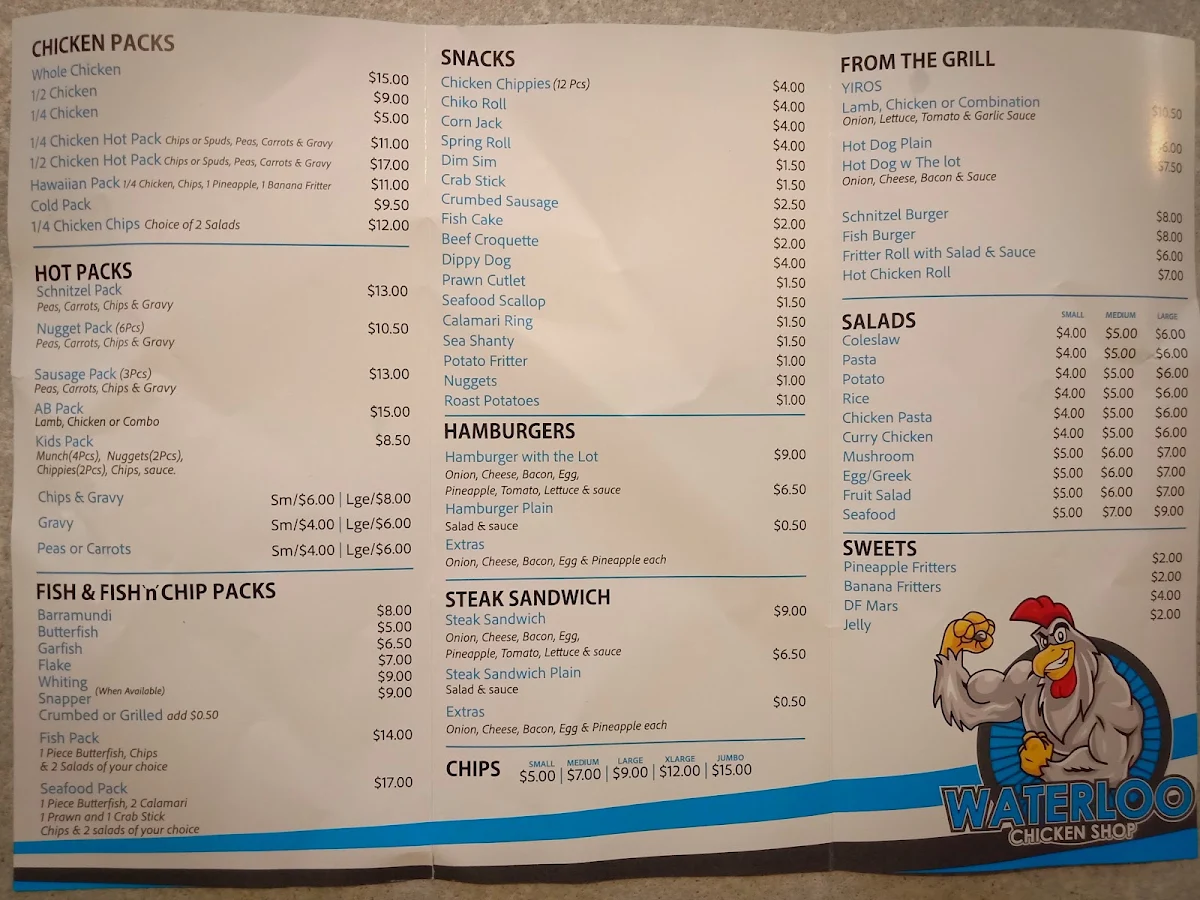 Menu, Waterloo Chicken Shop