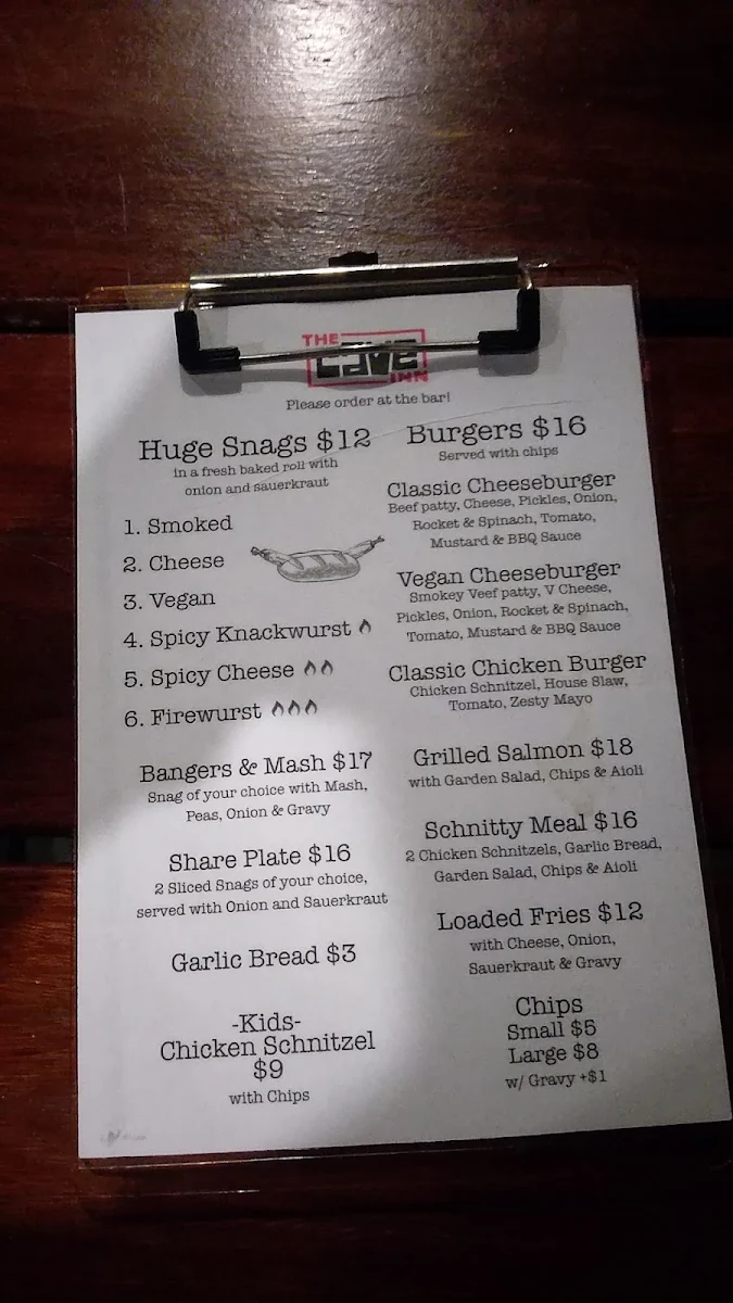 Menu, The Cave Inn
