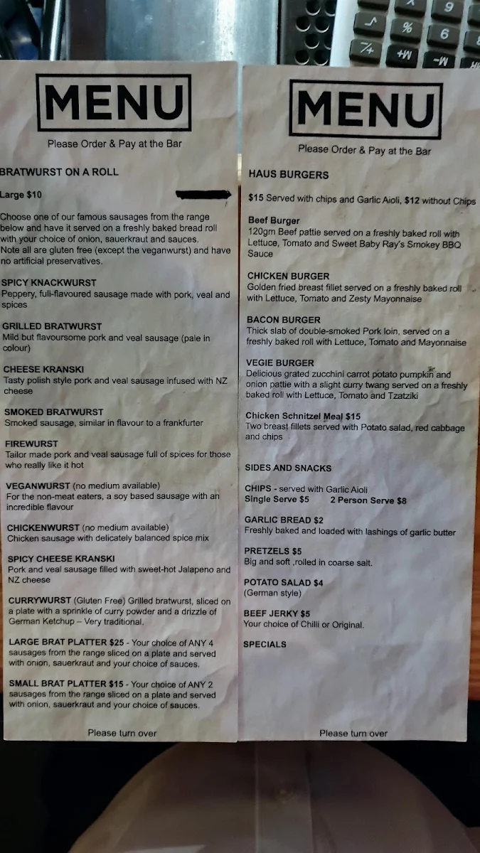 Menu, The Cave Inn