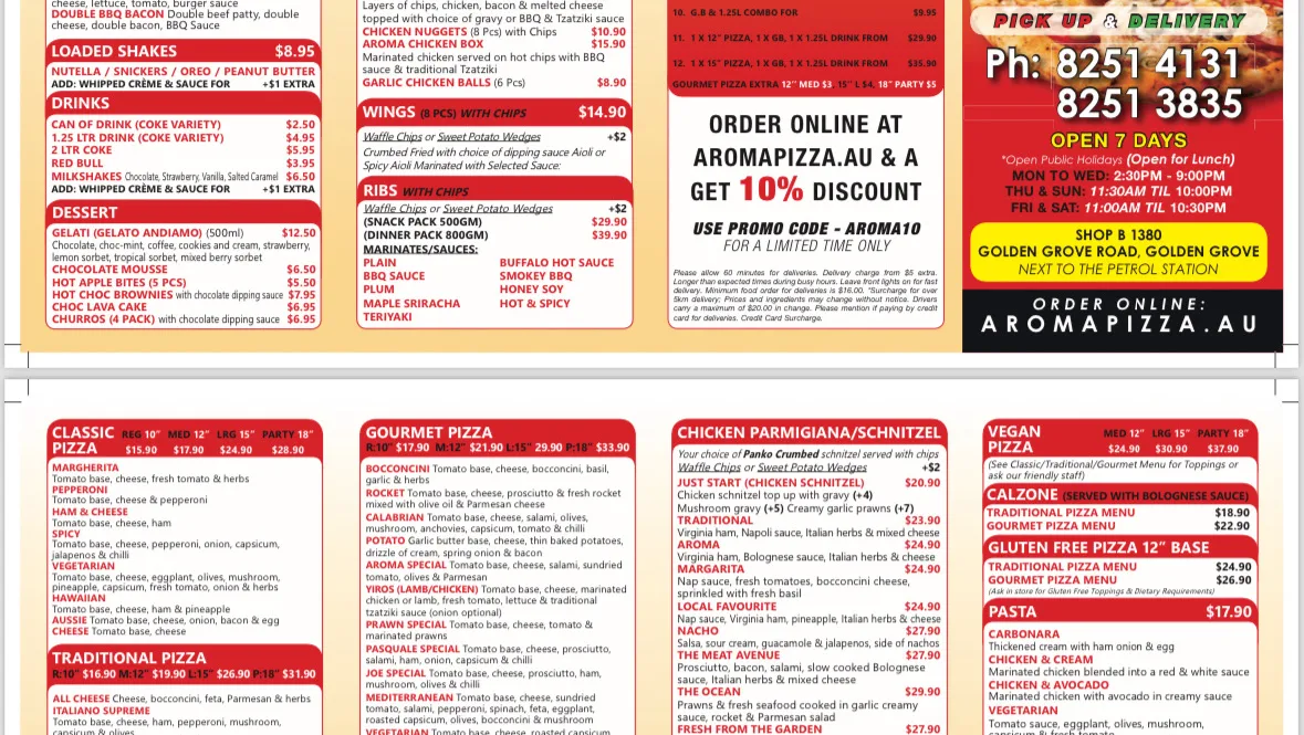 Menu, Aroma Pizza House Golden Grove Greenwith