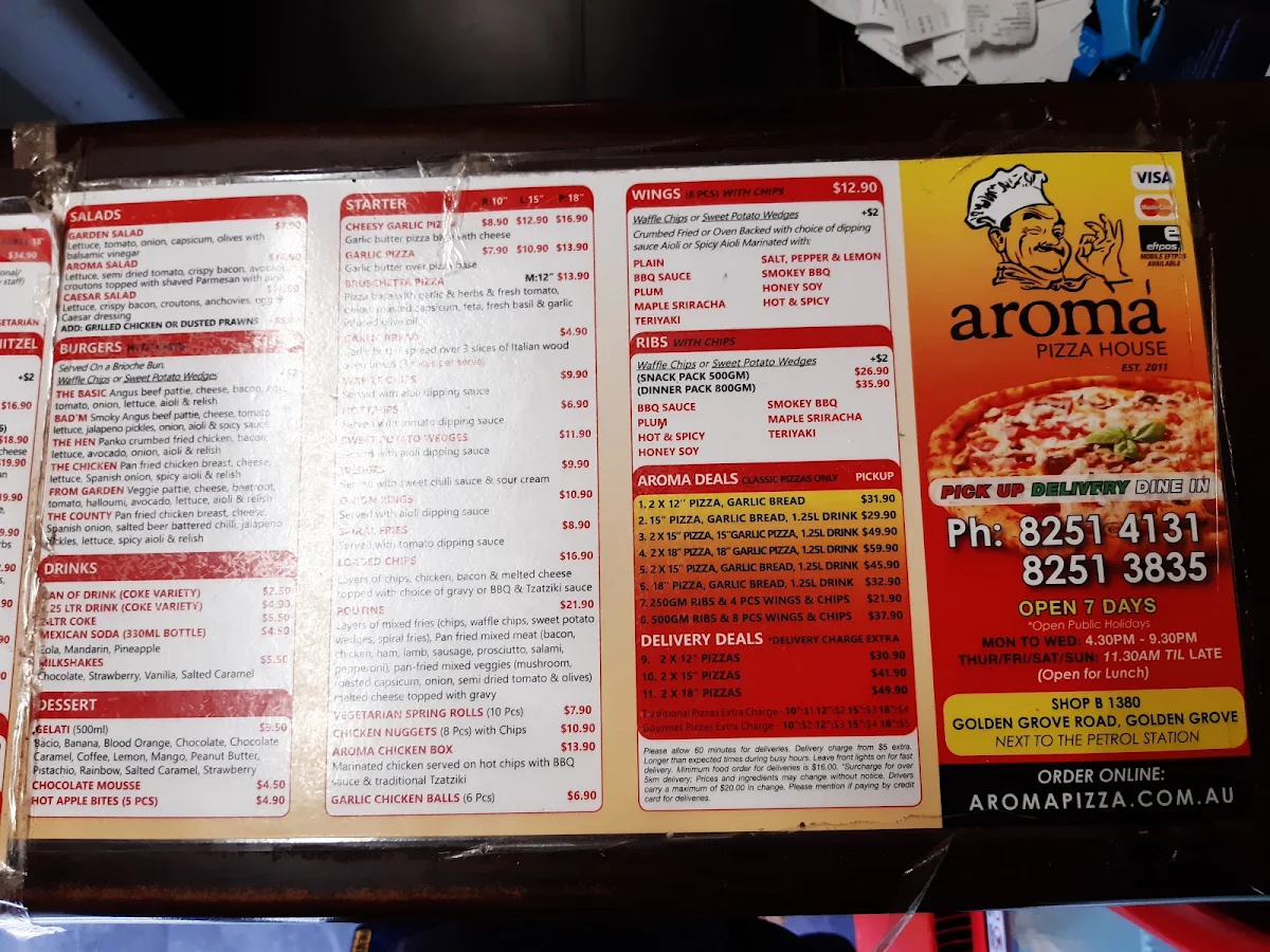 Menu, Aroma Pizza House Golden Grove Greenwith