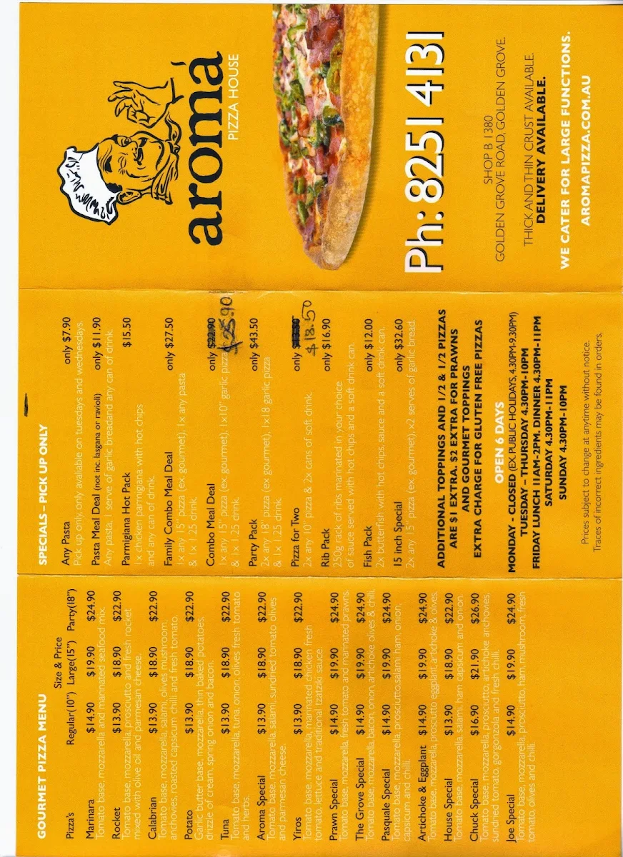 Menu, Aroma Pizza House Golden Grove Greenwith
