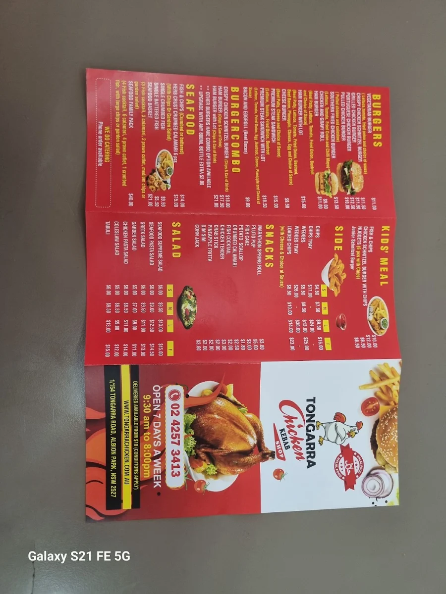 Menu, Tongarra Chicken Kebab and Pizza Shop