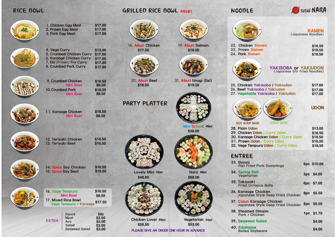 Menu, Sushi Nara