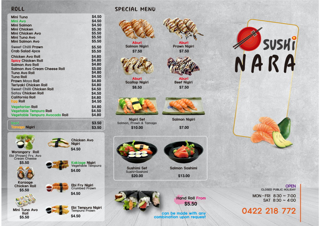 Menu, Sushi Nara