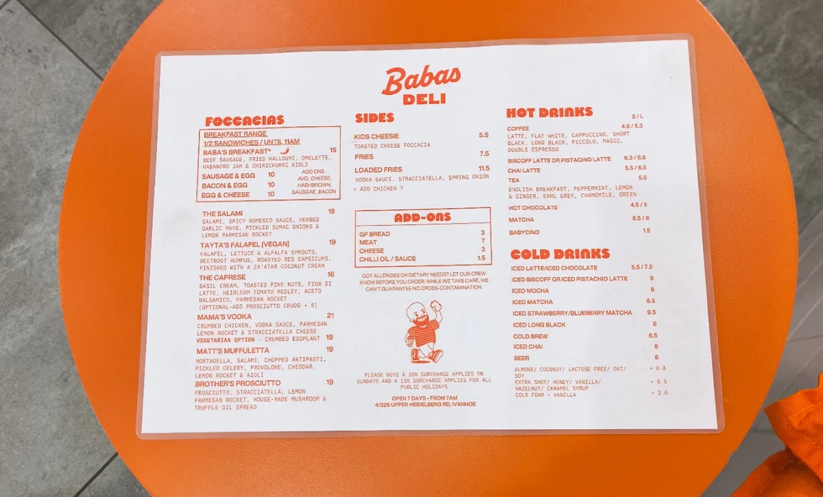 Menu, Baba’s Deli Ivanhoe