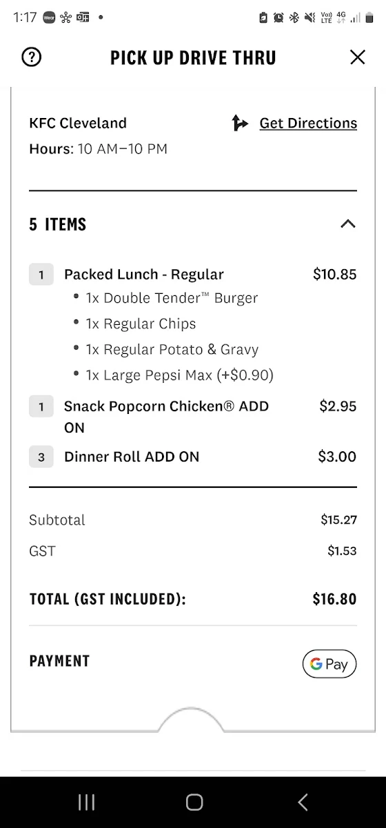 Menu, KFC Cleveland