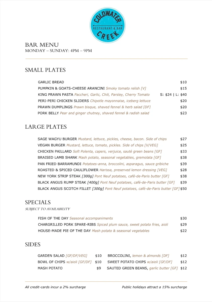 Menu, Coldwater Creek