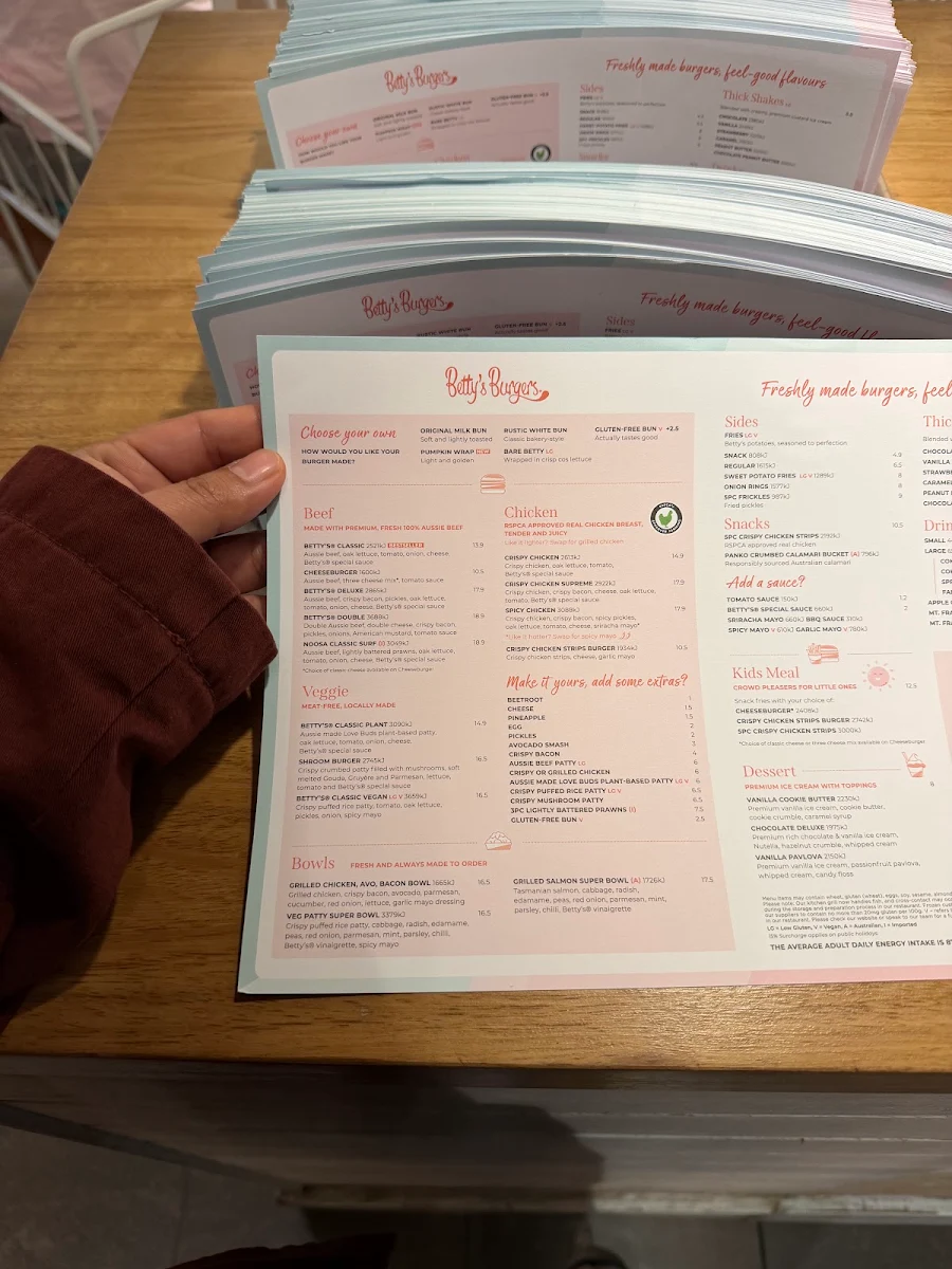Menu, Betty's Burgers