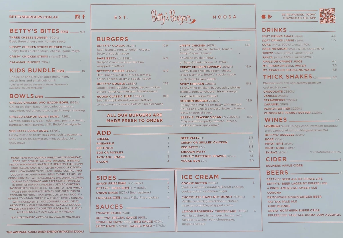 Menu, Betty's Burgers