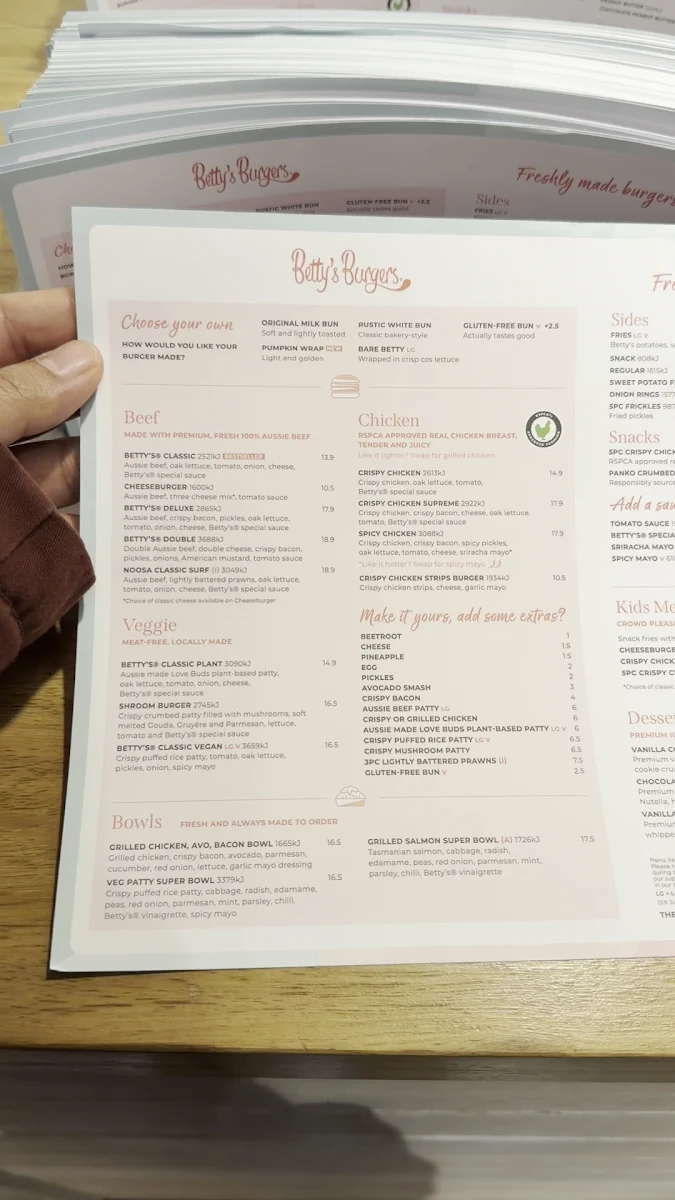 Menu, Betty's Burgers