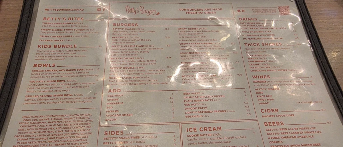 Menu, Betty's Burgers