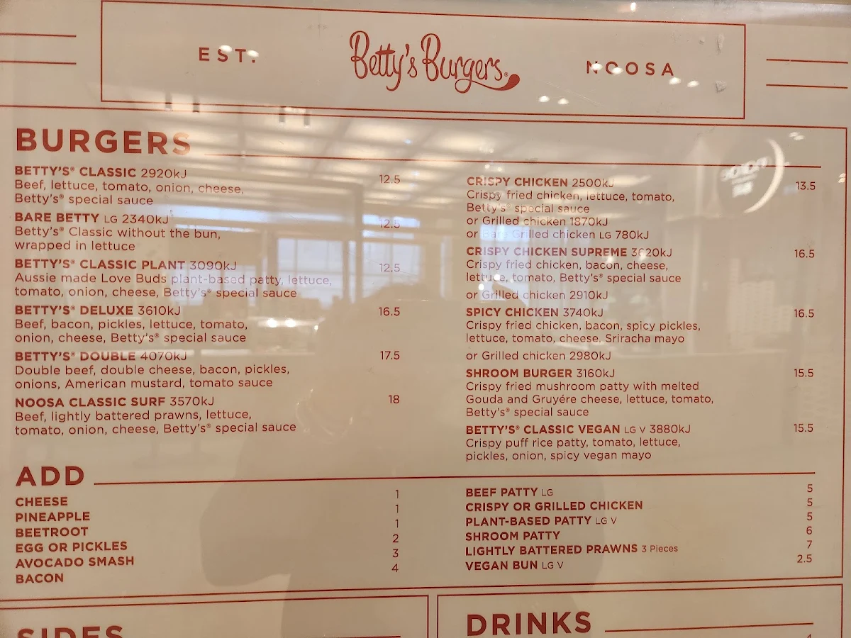 Menu, Betty's Burgers