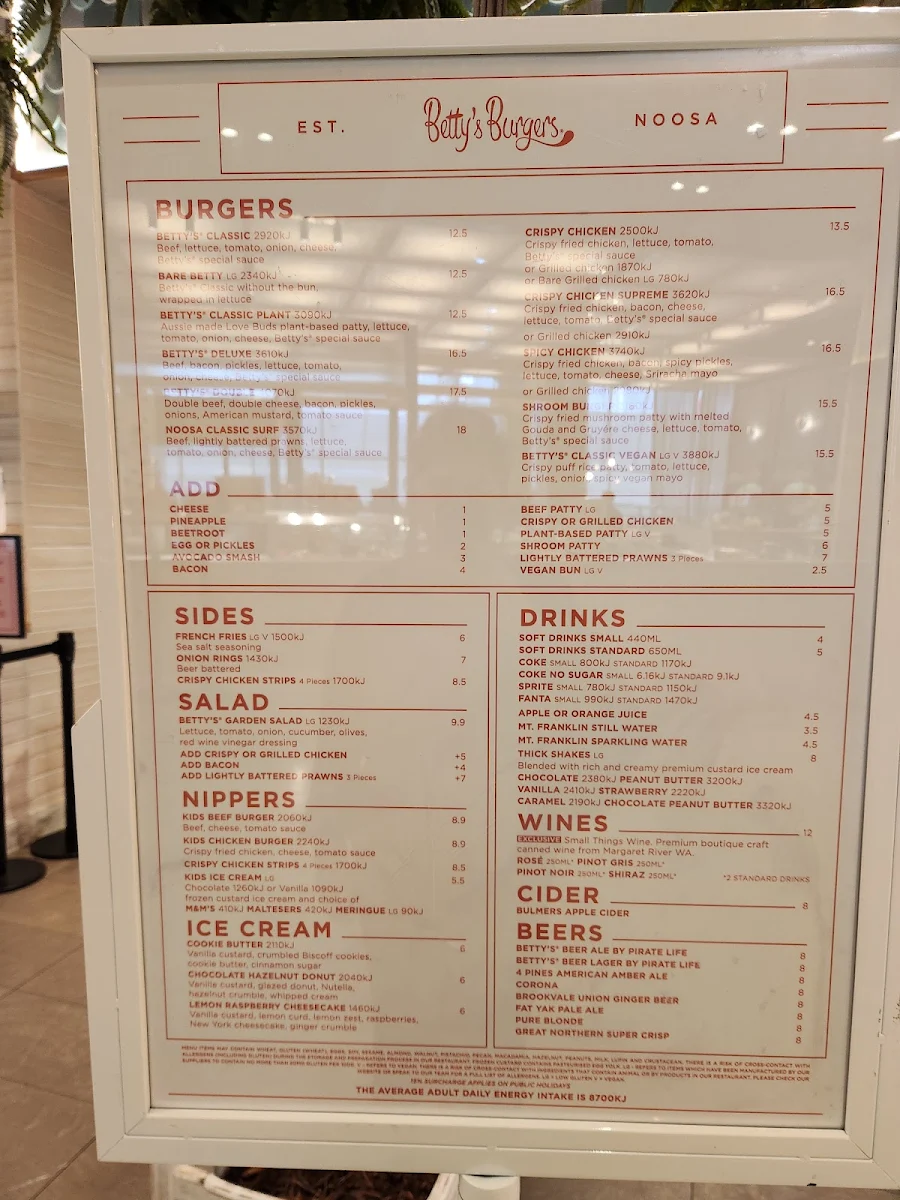 Menu, Betty's Burgers
