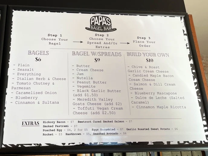 Menu, Papa's Bagels