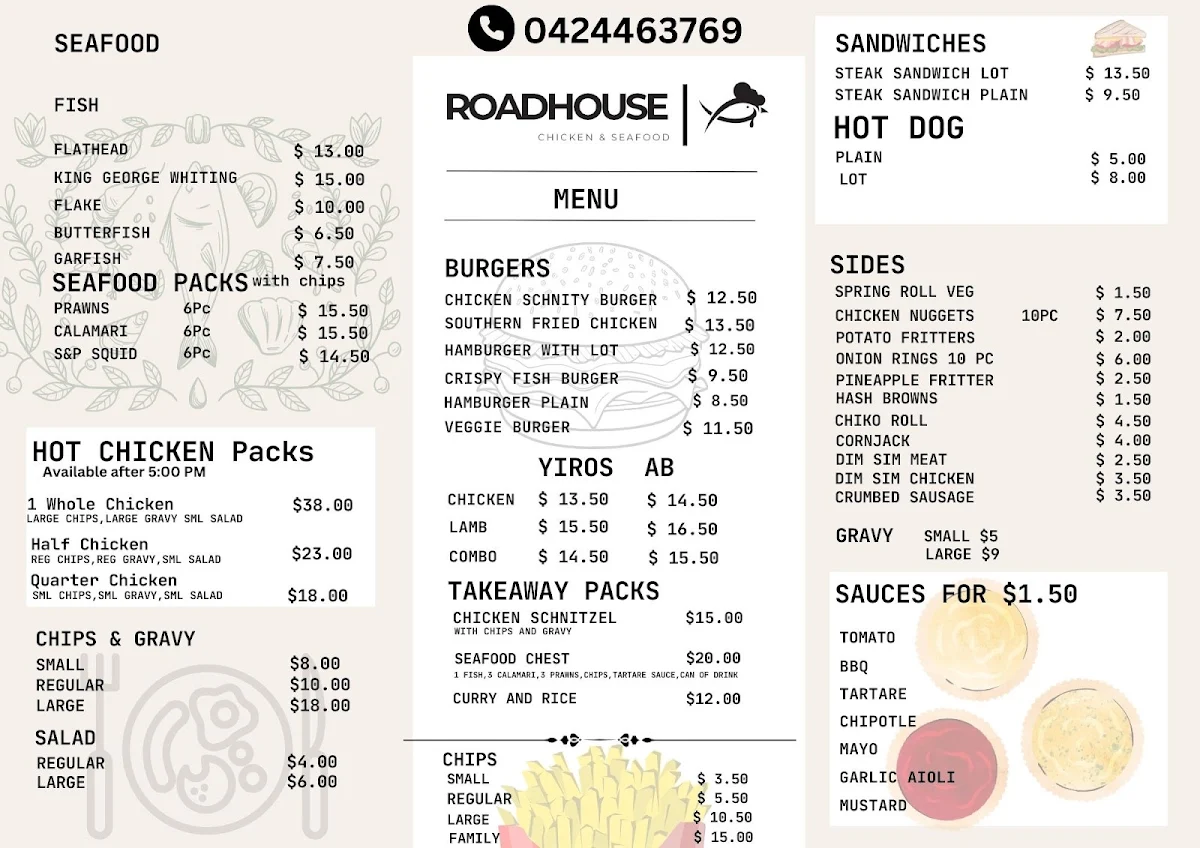 Menu, ROADHOUSE CHICKEN AND SEAFOOD TAKEAWAYS