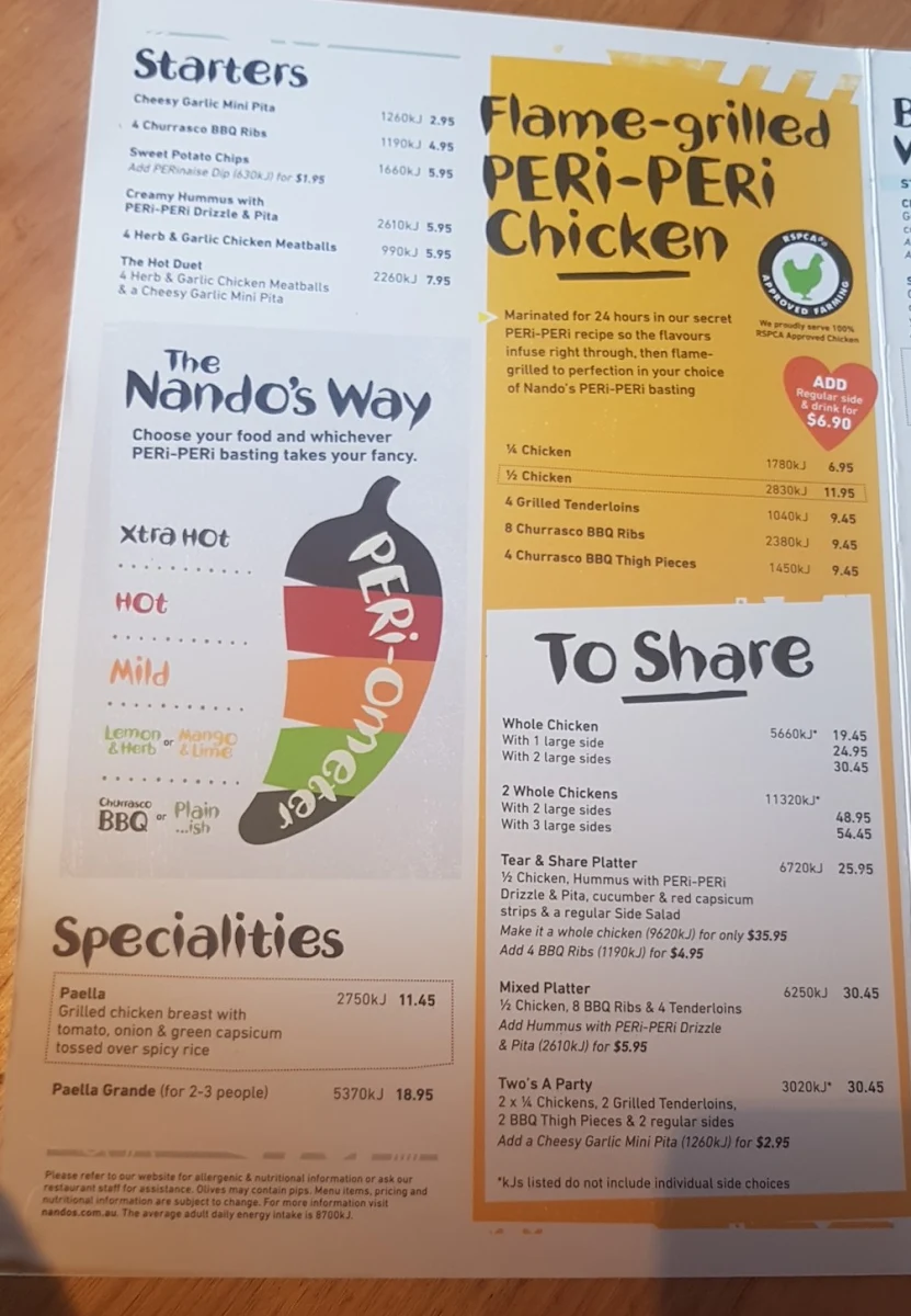 Menu, Nando's Nedlands