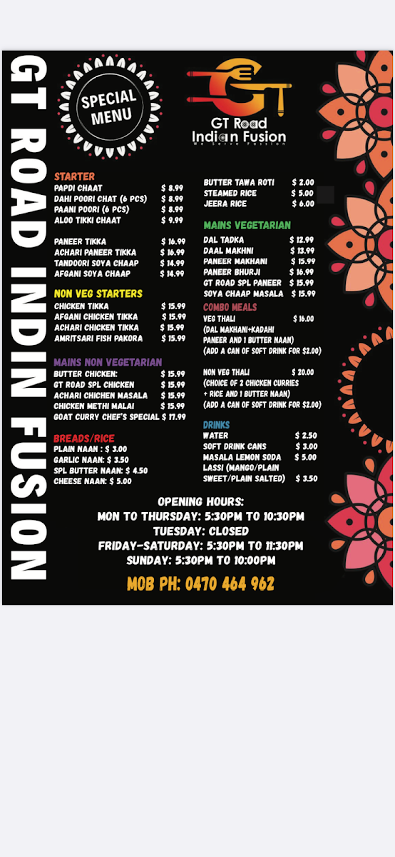 Menu, GT ROAD INDIAN FUSION