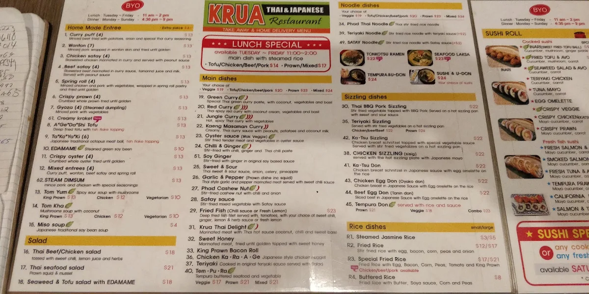 Menu, Krua Thai and Japanese Restaurant