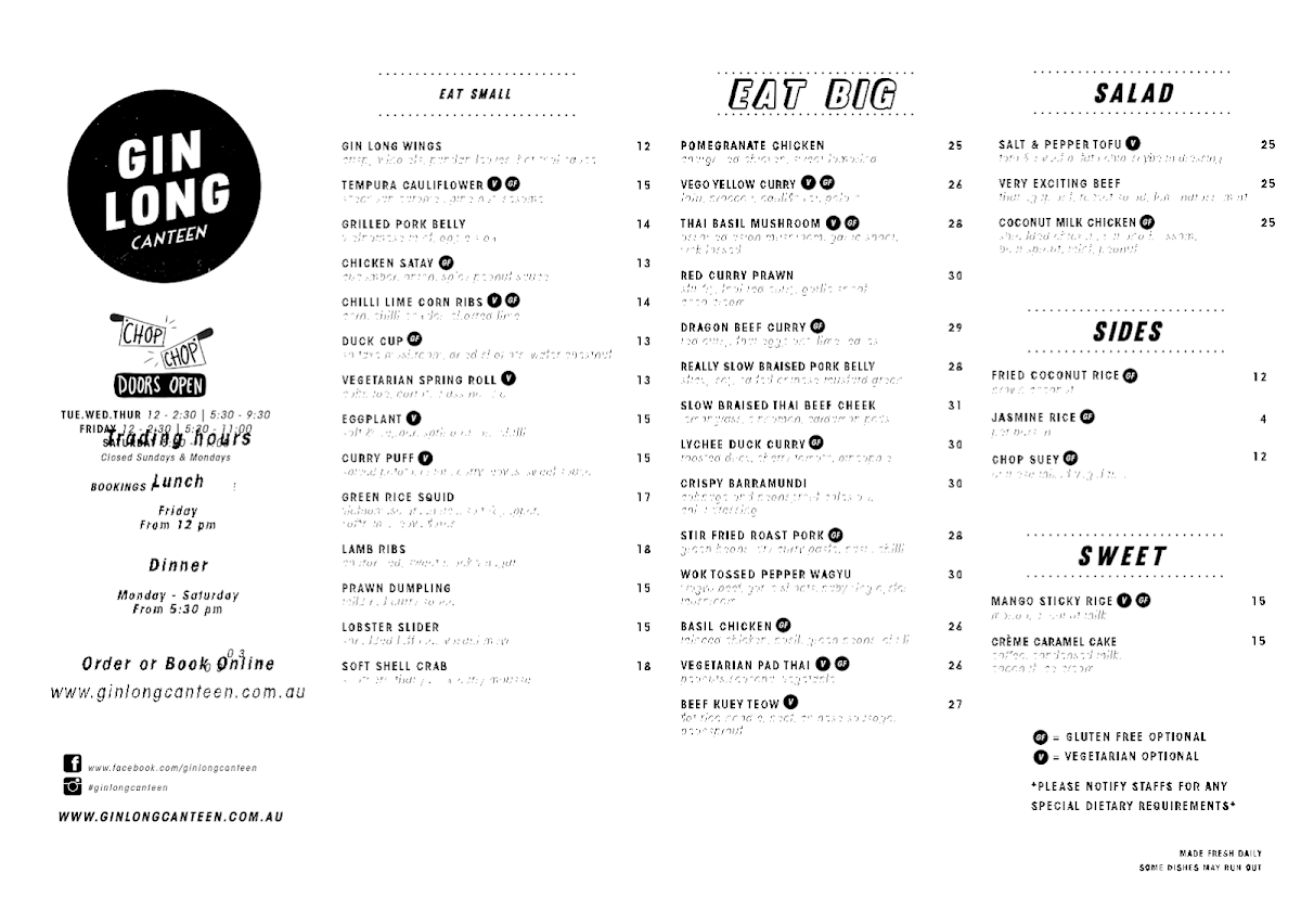 Menu, Gin Long Canteen