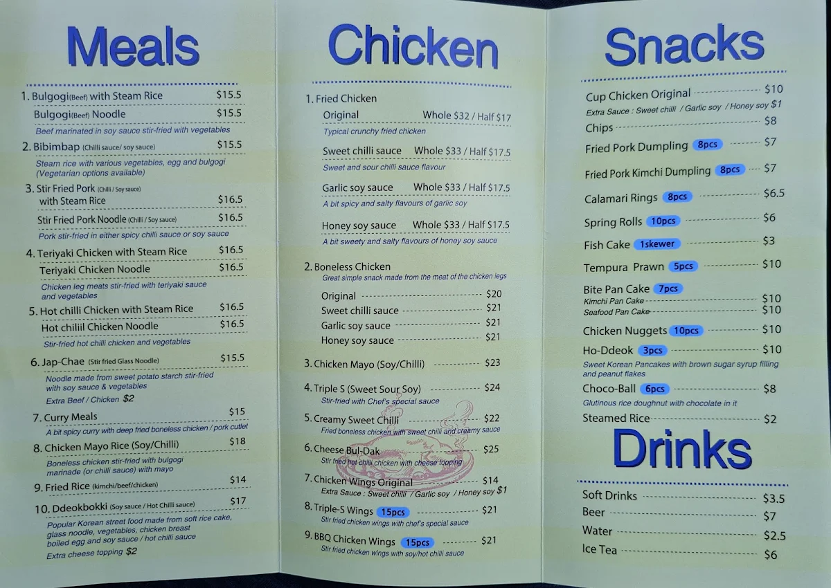 Menu, K-Chicken & Meals