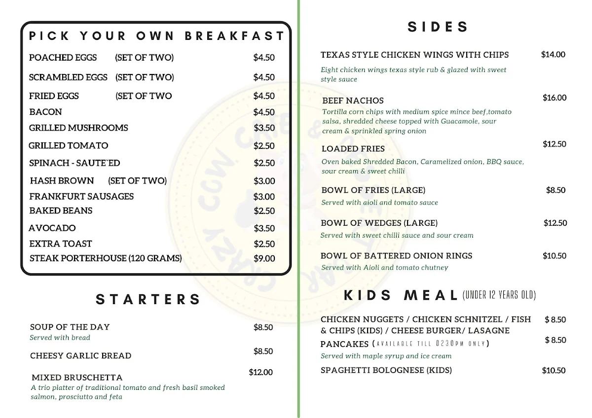 Menu, Crazy Cow Cafe & Dessert Bar
