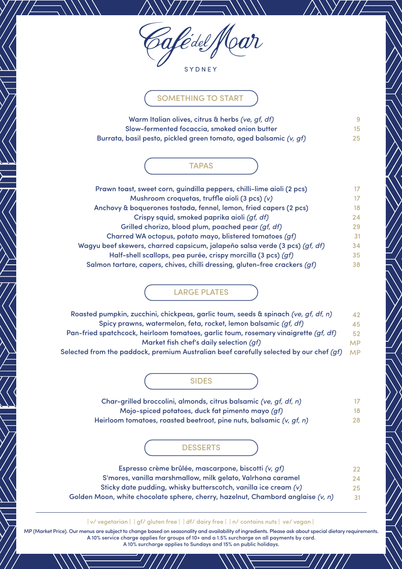 Menu, Cafe del Mar - Sydney
