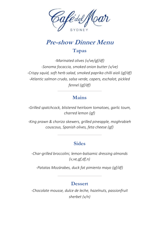Menu, Cafe del Mar - Sydney