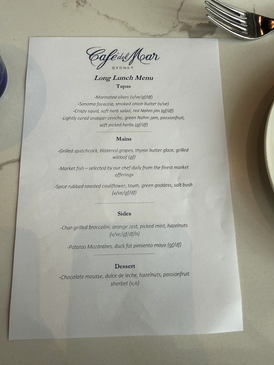 Menu, Cafe del Mar - Sydney