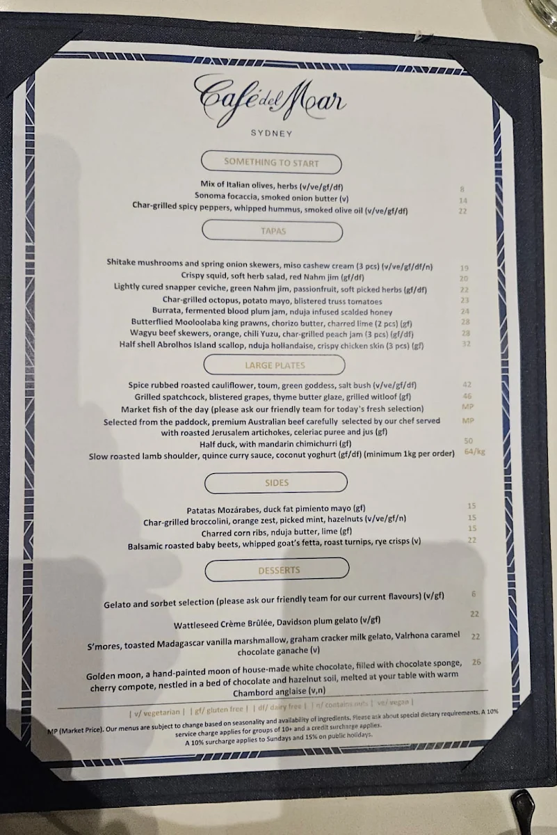 Menu, Cafe del Mar - Sydney