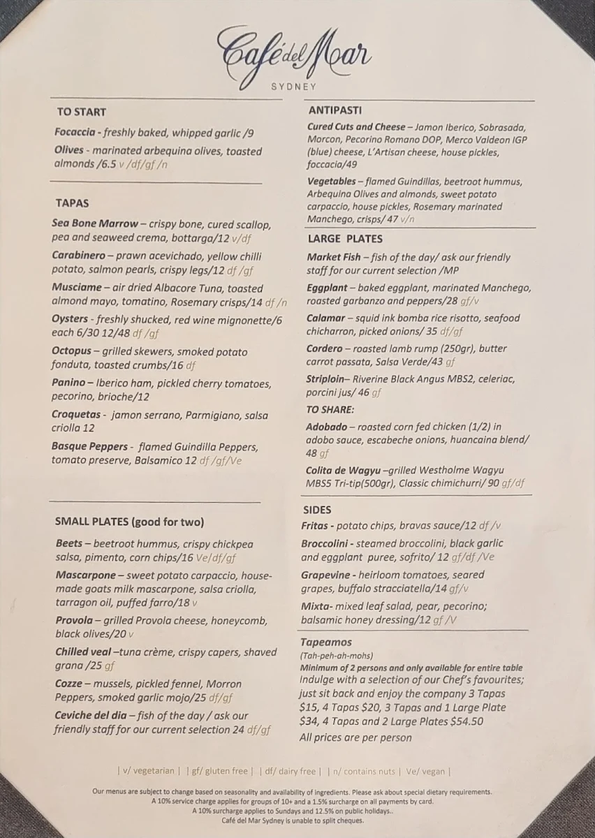 Menu, Cafe del Mar - Sydney