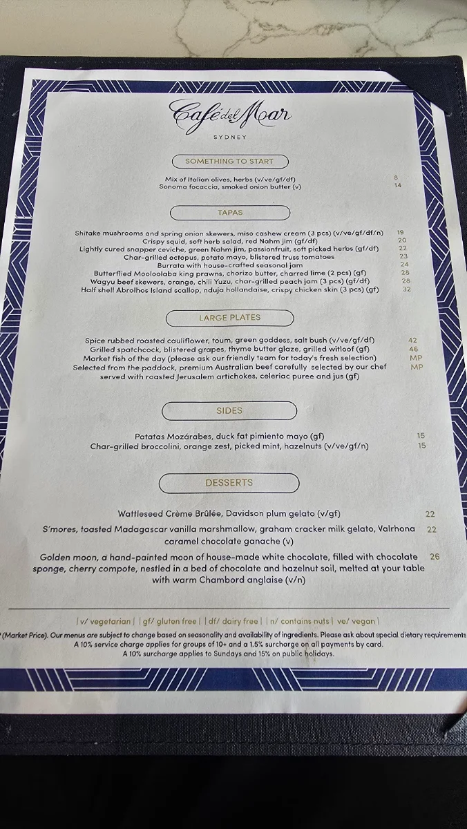 Menu, Cafe del Mar - Sydney