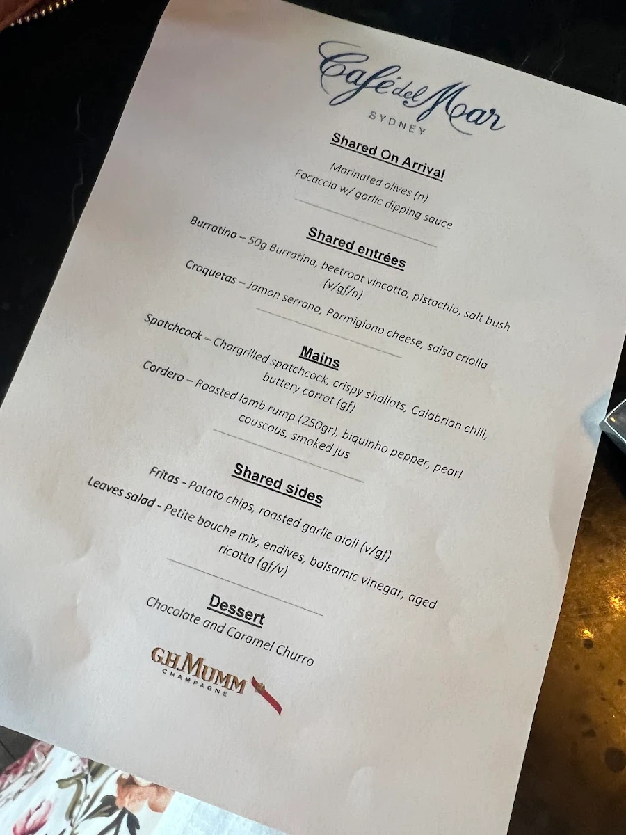 Menu, Cafe del Mar - Sydney