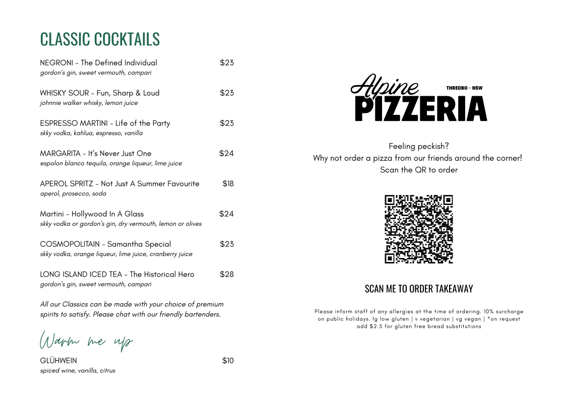 Menu, Lounge Bar