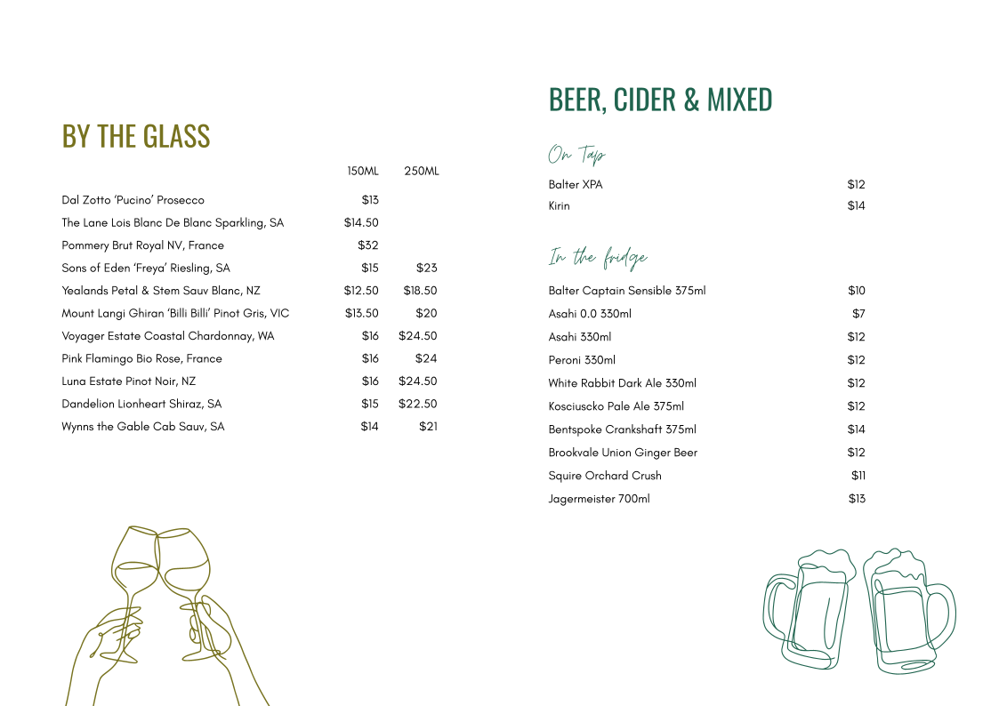 Menu, Lounge Bar