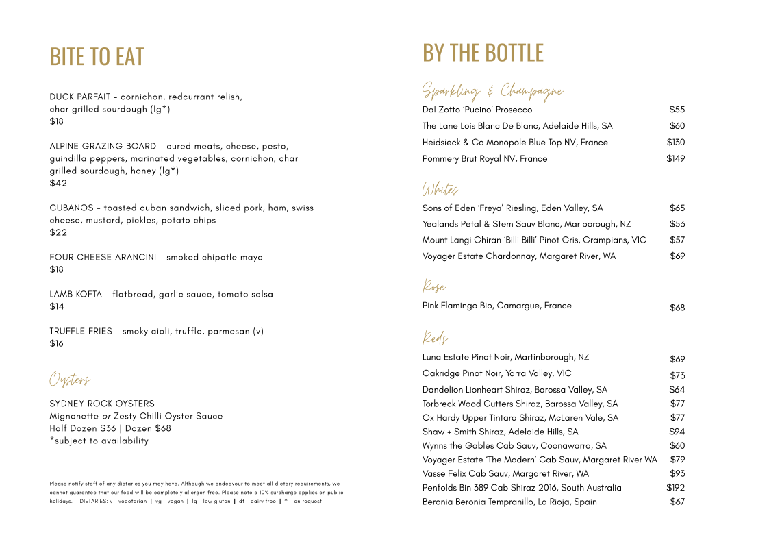 Menu, Lounge Bar