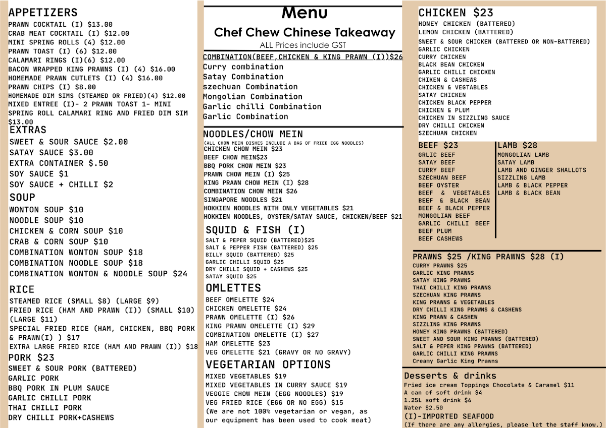 Menu, Chef Chew Chinese Takeaway
