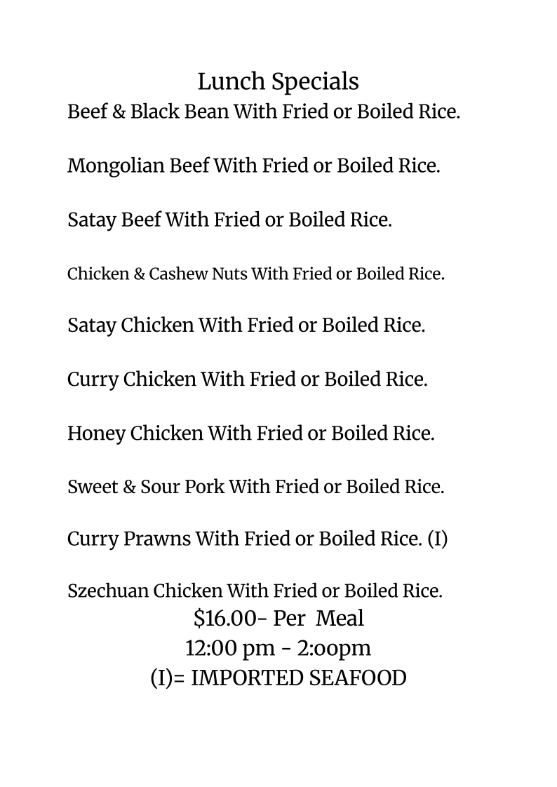 Menu, Chef Chew Chinese Takeaway