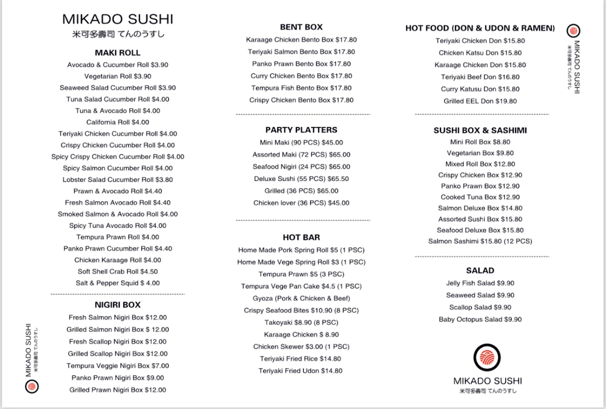 Menu, Mikado Sushi Harpley