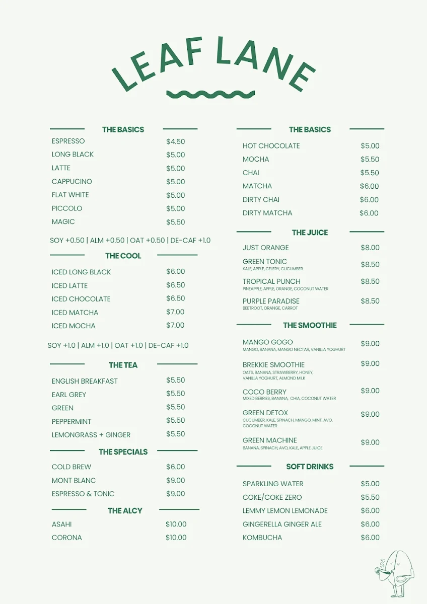 Menu, Leaf Lane Cafe
